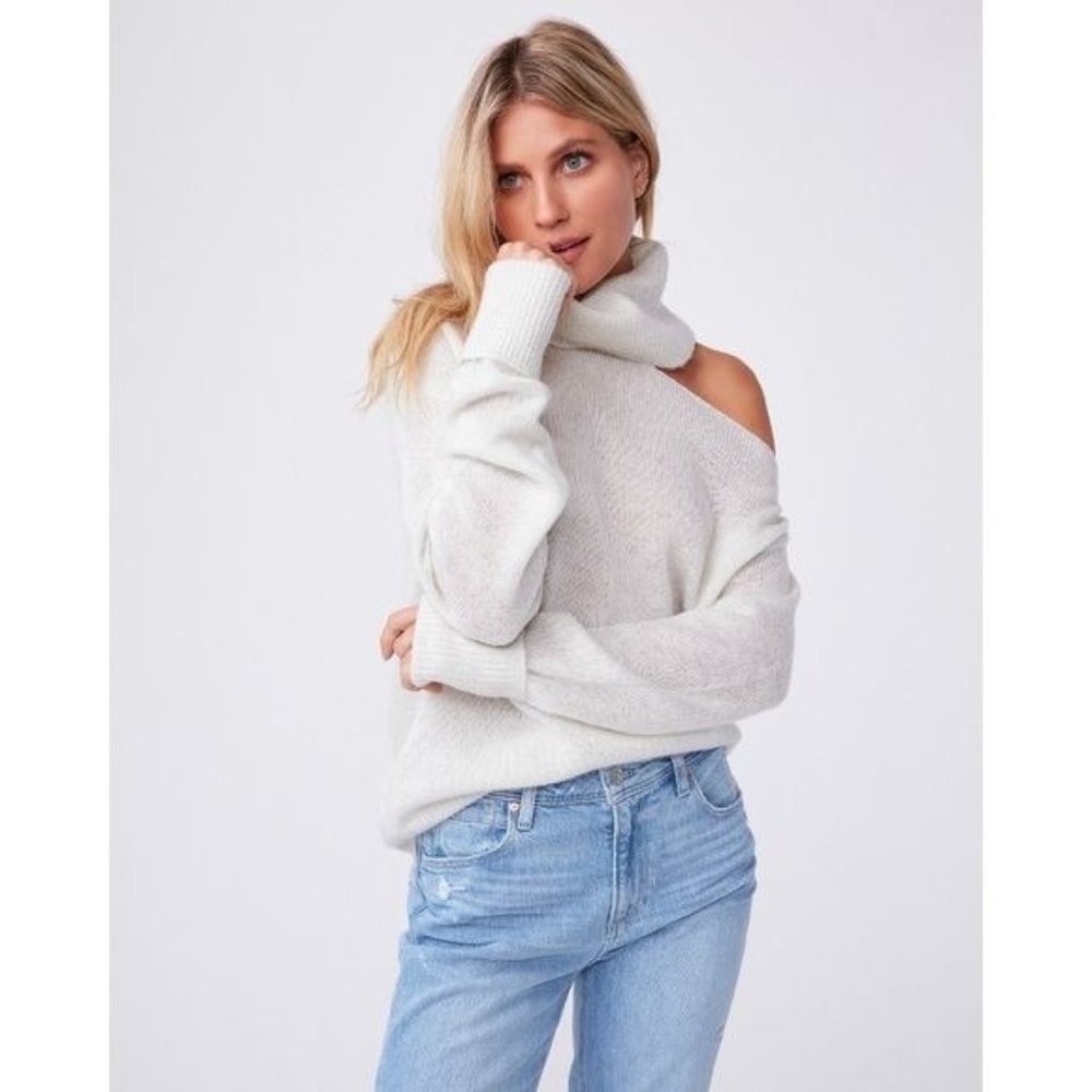 Paige Raundi Cold Shoulder CutOut Metallic Lurex Knit Relaxed Turtleneck Sweater - Picture 4 of 16